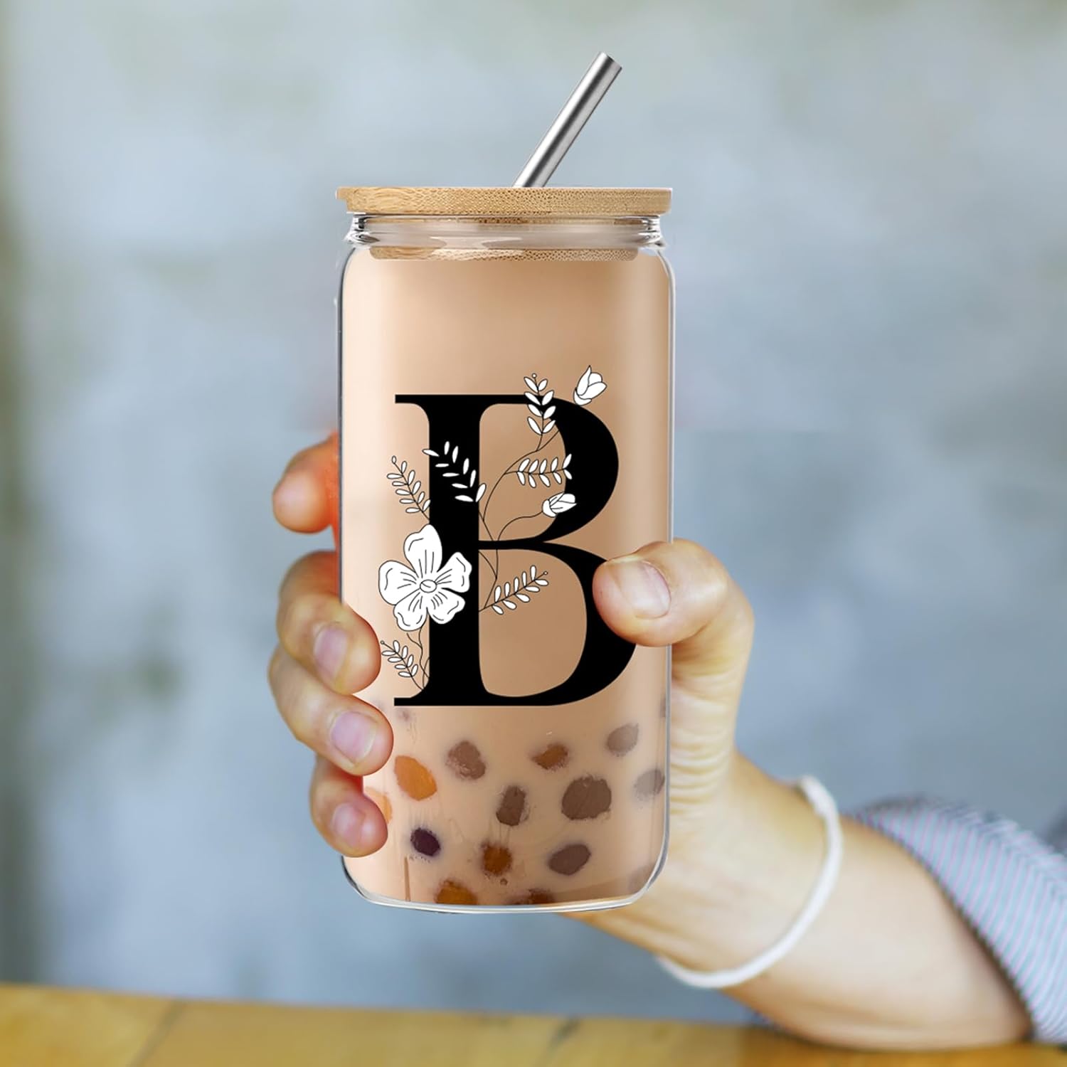 Monogrammed Initial Glass Cup with Lids and Straws, Personalized Gift Set with Doll, 16 Oz Ice Coffee Cup for Women, Birthday Christmas Mothers Day Gift for Her, B - Image 3