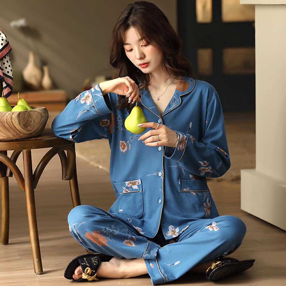 Manga Larga Pijama De Mujer De Dos Piezas,Conjunto De Pijama De Manga Larga para Mujer, Cuello De Muesca Clásico, Suave Y Cómodo, Algodón Puro, Azul, Ropa De Salón, Pijama De Otoño Invierno Par