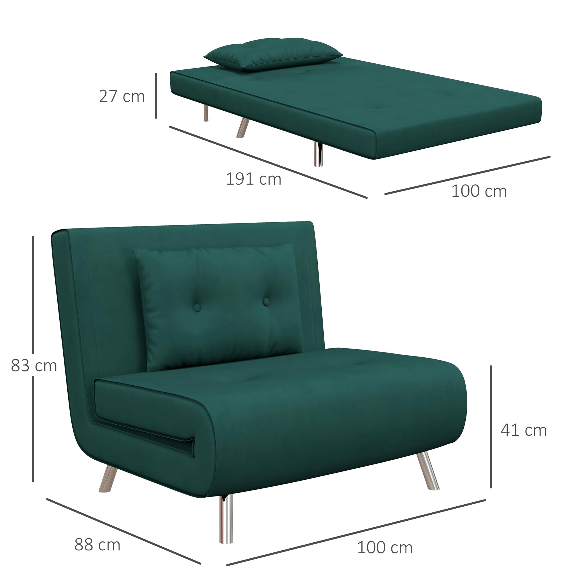 HOMCOM Poltrona Letto Singolo 3 in 1, Poltroncina Reclinabile a 3 Livelli con Rivestimento in Velluto e Cuscino, 100x88x83cm, Verde Scuro
