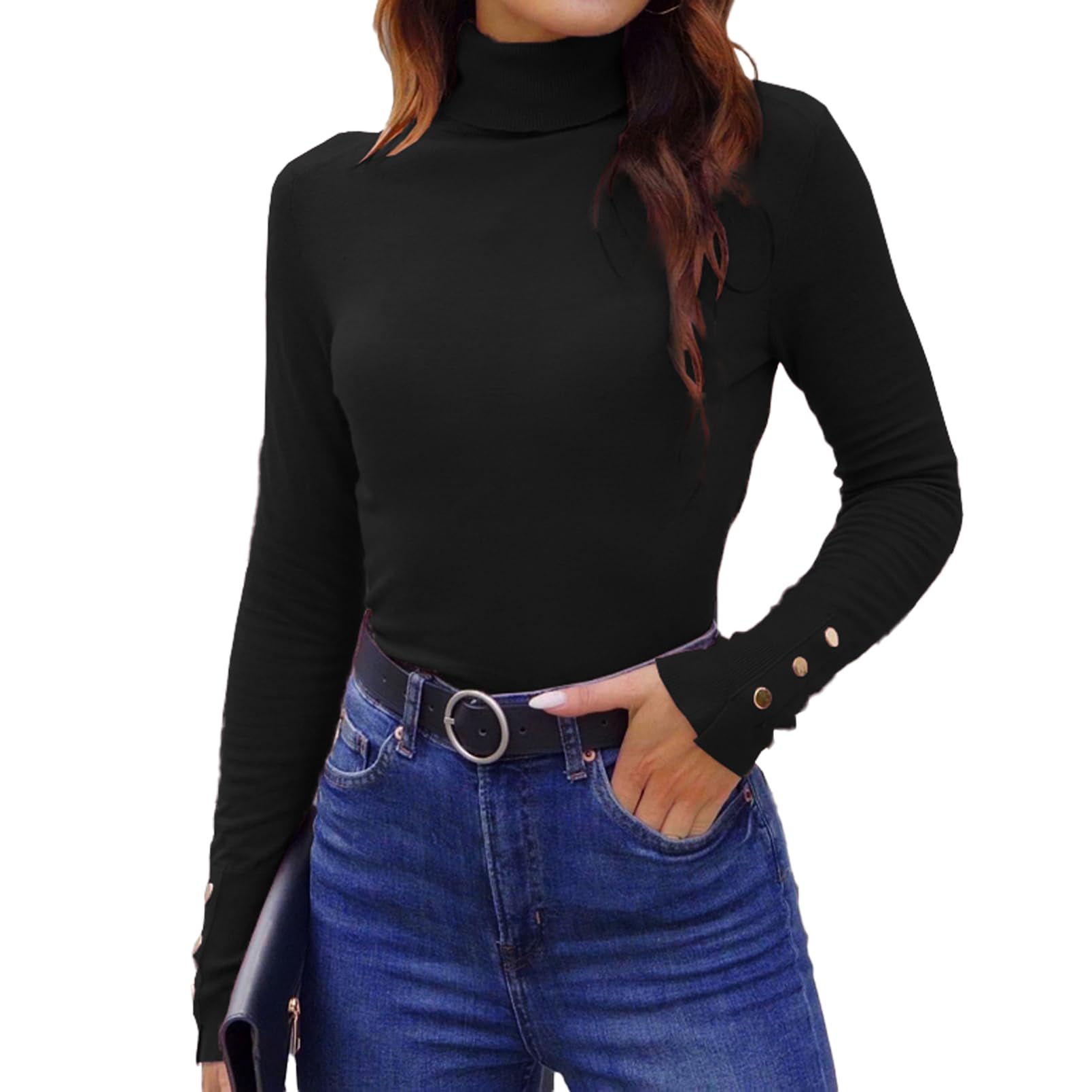 Hyipels Womens Turtleneck Sweater Long Sleeve Fitted Lightweight Soft Knit Pullover with Metal Buttons