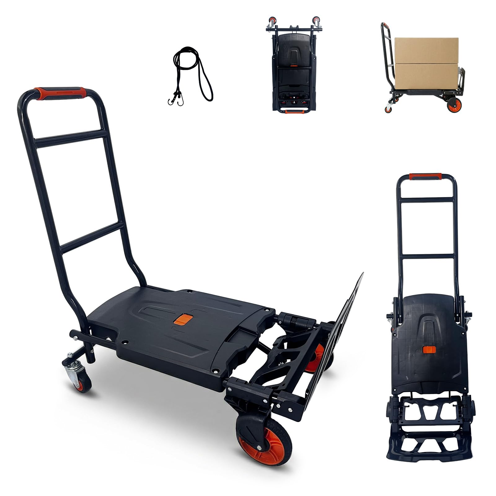 2-in-1 Sackkarre Klappbar 200 kg Tragkraft, Ohne Montage, Kombiniert Plattformwagen und Sackkarre – Ideal für Umzug & Garten, Orange