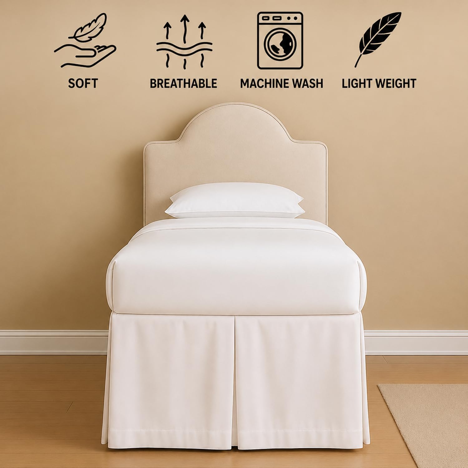 eBeddy Linens Split Corner Dorm Bed Skirt Twin XL – 42 Inch Drop, 100% Microfiber, Extra Long Bed Skirt for College Dorm, Platform Style, White Solid, Hidden Storage Solution, Easy Fit