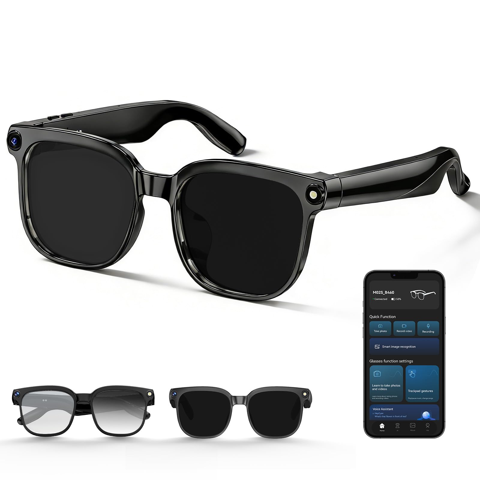 AI Smart Glasses con fotocamera 2K, traduzione in tempo reale, audio Bluetooth 5.4, per foto, video, registrazione, riconoscimento AI, vlogging, ciclismo, escursionismo, viaggi, affari