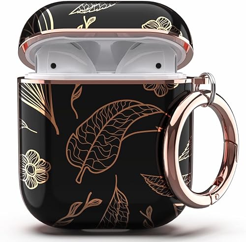 TATOFY Funda para AirPods 1 y 2, elegante funda para AirPods para mujeres y niñas, patrón de flores protectora rígida con clip (dorado negro)