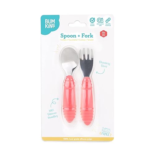 Vista 185 de Bumkins Juego de utensilios para bebé, cucharas de silicona para sumergir, autoalimentación, destete LED para bebés, aprendizaje de entrenador, A1