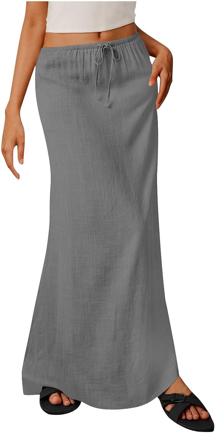 Women's Linen Maxi Skirt Drawstring Back Slit Elastic High Waisted Flowy Summer Beach Flare Long Skirts for Women