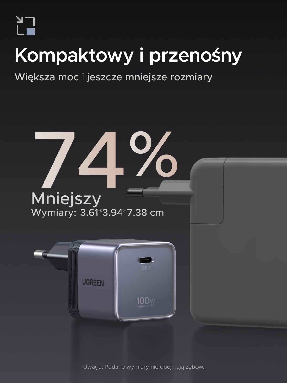 UGREEN Nexode Air 100 W USB-C ładowarka z kablem USB-C 1 m, 1 port USB-C | Ładowarka GaN z kablem ładującym, kompaktowa ładowarka do laptopów MacBook Pro, MacBook Air, iPhone, iPad Pro, Galaxy