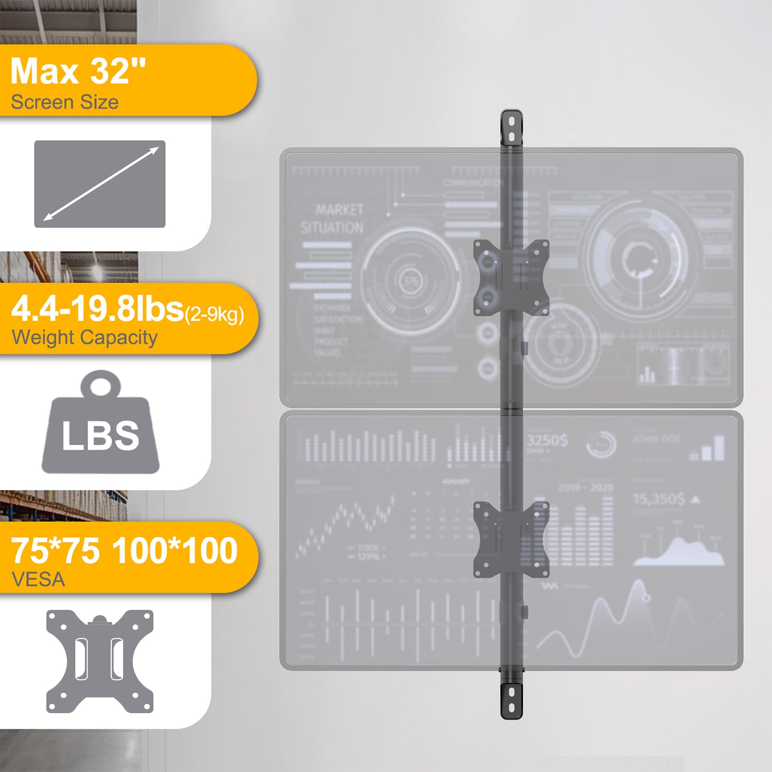 Supporto monitor muro 2 monitor da 17" a 32" fino a 9KG, supporto a parete per doppio monitor completamente regolabile, VESA75/100mm, Nero