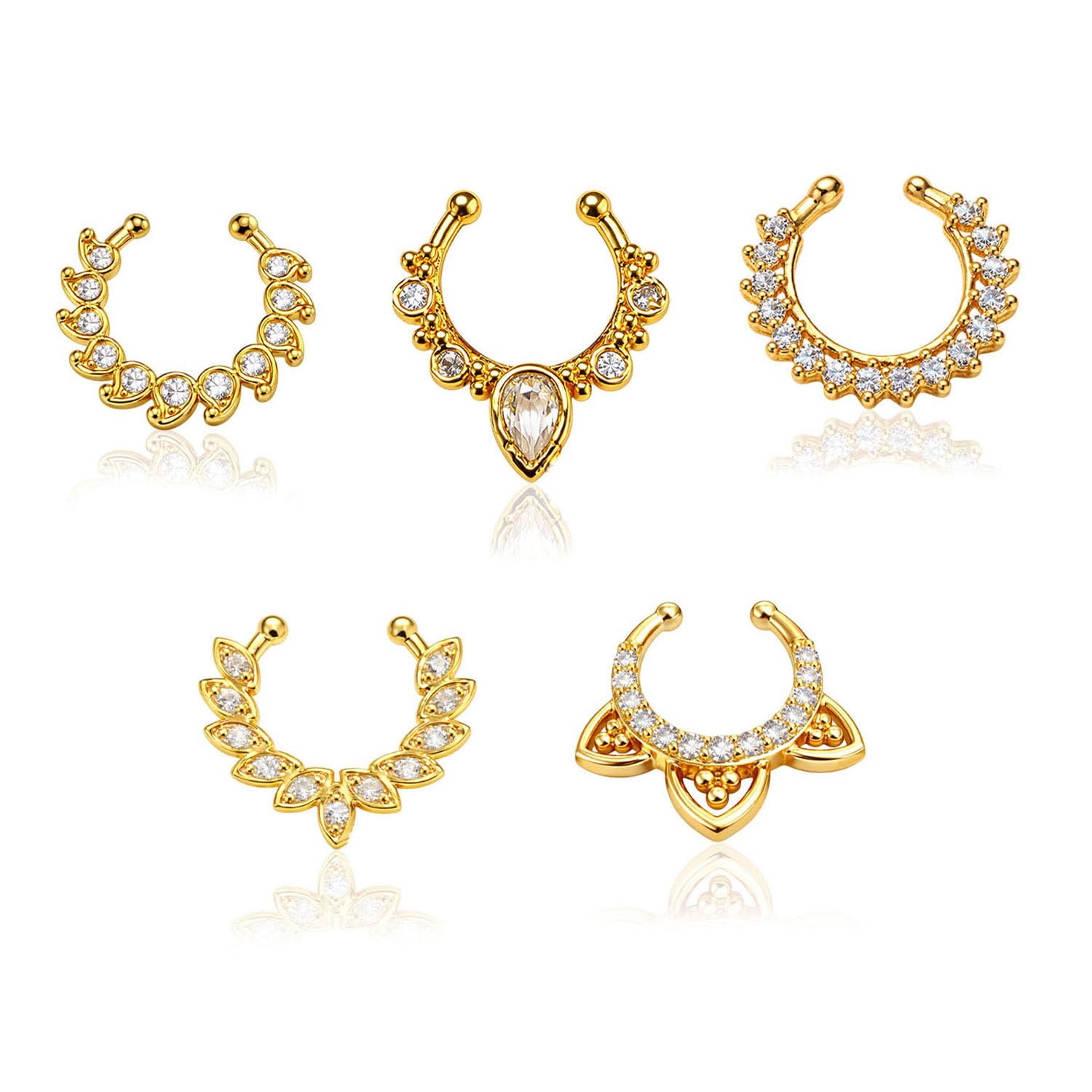 vama FASHIONS 5 pcs 18K Gold Plated Anti Tarnish AD Stone Without Piercing Clip On Nose Ring Middle Septum Pressing Type Horsehole Shape Fake Hoop Nosepin Combo Set for Women & Girls-picture-2