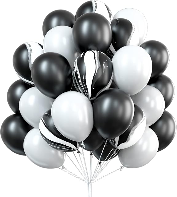 PartyWoo Black and White Balloons, 50 pcs 12 in Black Balloons, White Balloons, Black Marble Balloons, White Black Balloons With Ribbon for Black and White Party Decorations, Black and White Birthday