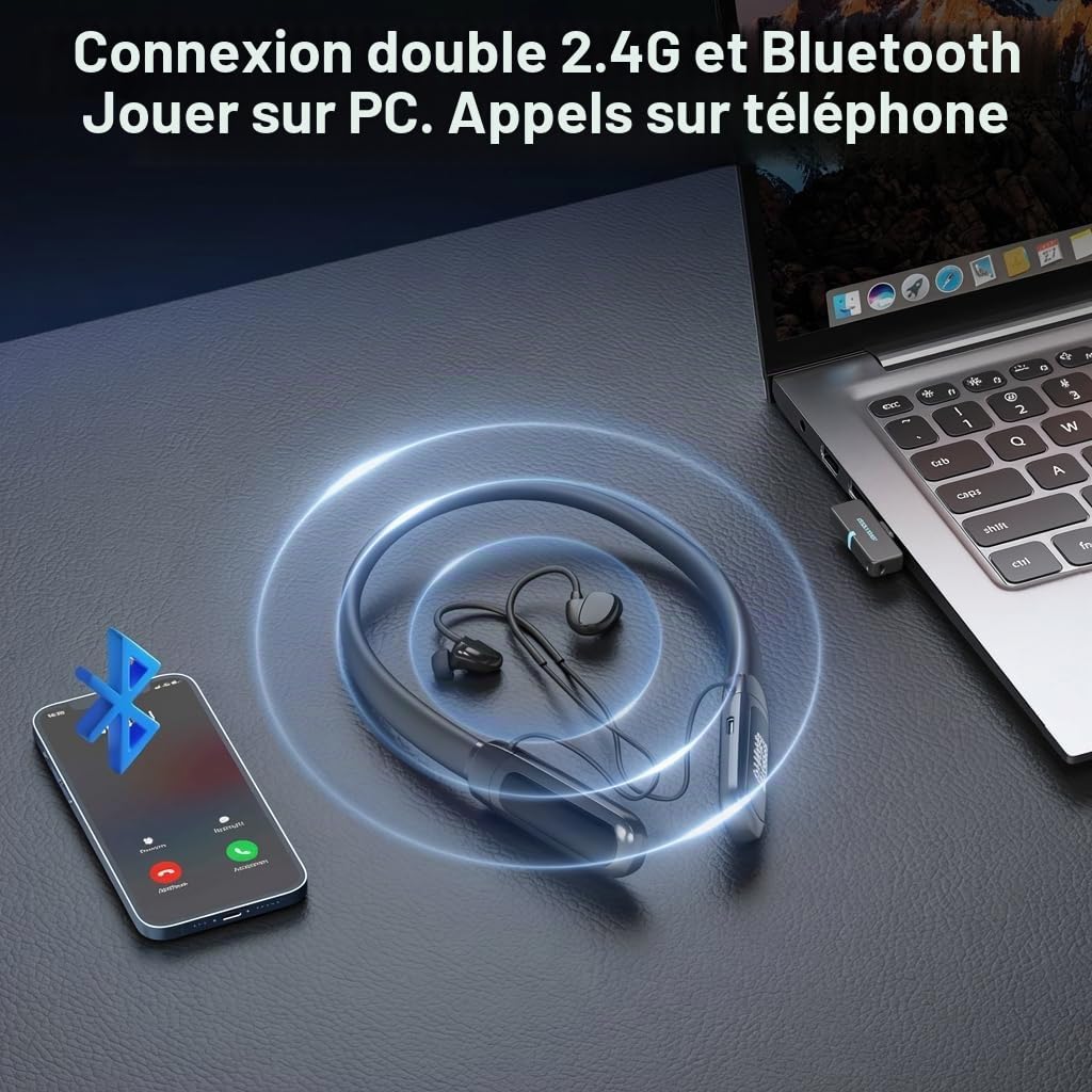Middle Rabbit Rampage 2 Écouteurs Gaming avec Dongle USB-C 2,4 GHz, Latence Ultra-Faible 20 ms, Écouteurs Bluetooth Tour de Cou avec Micro, 32+ h d’Autonomie, pour PS5, PC, Ordinateur Portable