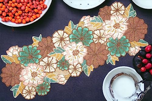 Handmade Embroidery Beaded Table Runner For Tabletop - Home Decor Mat For Wedding Party Baby Shower Family Gathering - Pink/Light Brown #TOP7