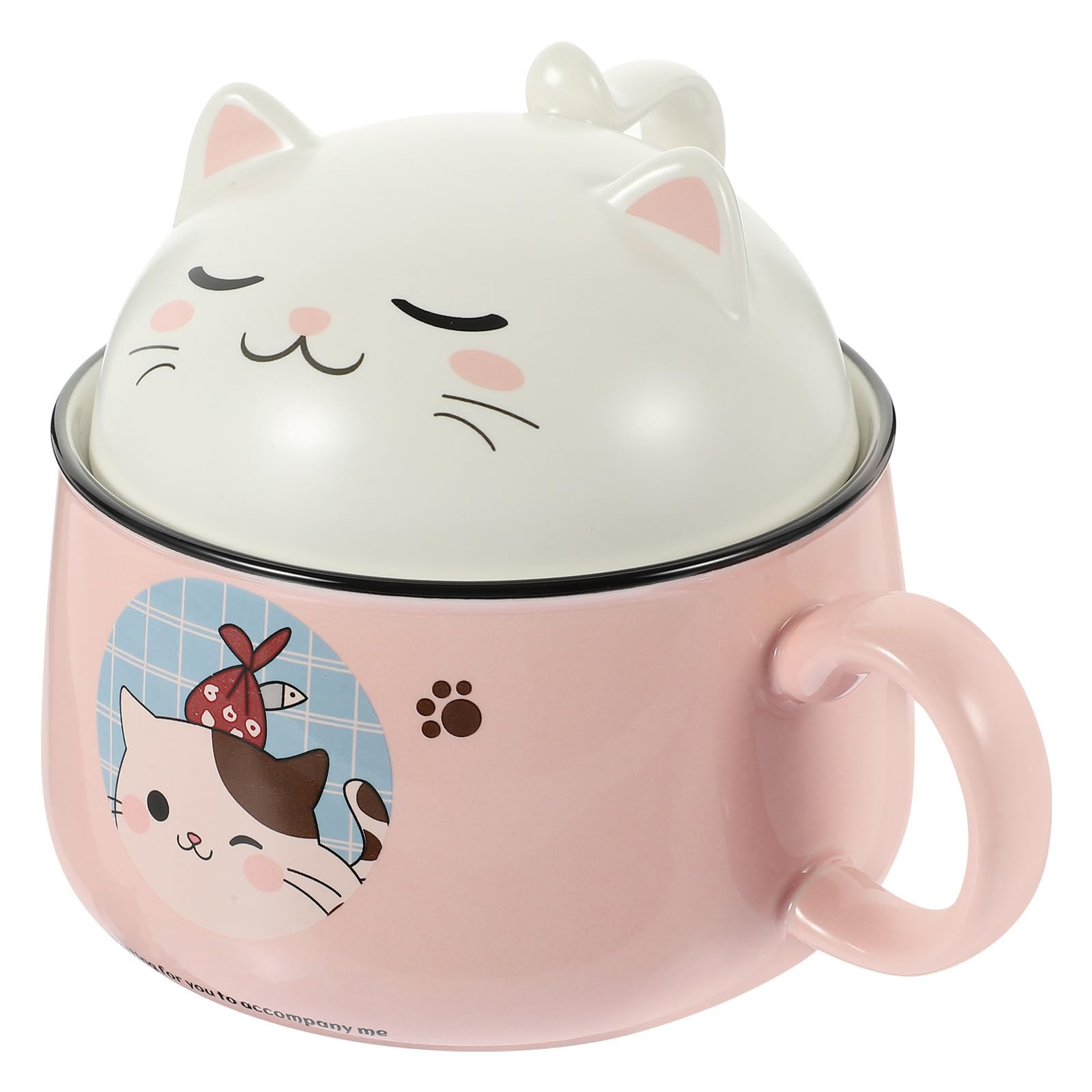 Katzenmotiv Ramen Schüssel Satz mit Deckel, 1020ml, Rosa | Keramik und Edelstahl, 1 Satz für Hauswarming, Langlebig und Leicht zu Reinigen