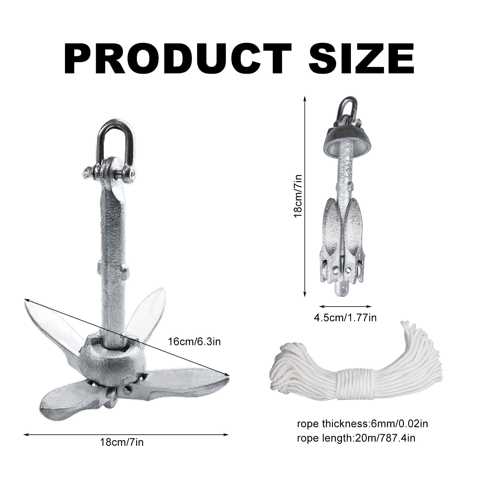 0,7Kg Anker Boot Set, 4 Haken Enterhaken mit 20 m Seil ø 6 mm, Ankerboje Kugel Set, Verzink, Klappanker für Kleine Boote und Reinigen von Wasserpflanzen vor Dem Angeln