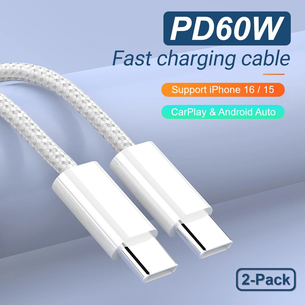 Cavo intrecciato da USB C a USB C da 0,9 m - 60 W, caricabatterie rapido da USB C a USB-C, cavo di alimentazione intrecciato per iPhone 15 Pro Max/MacBook/iPad/Samsung Galaxy/dispositivi Android e