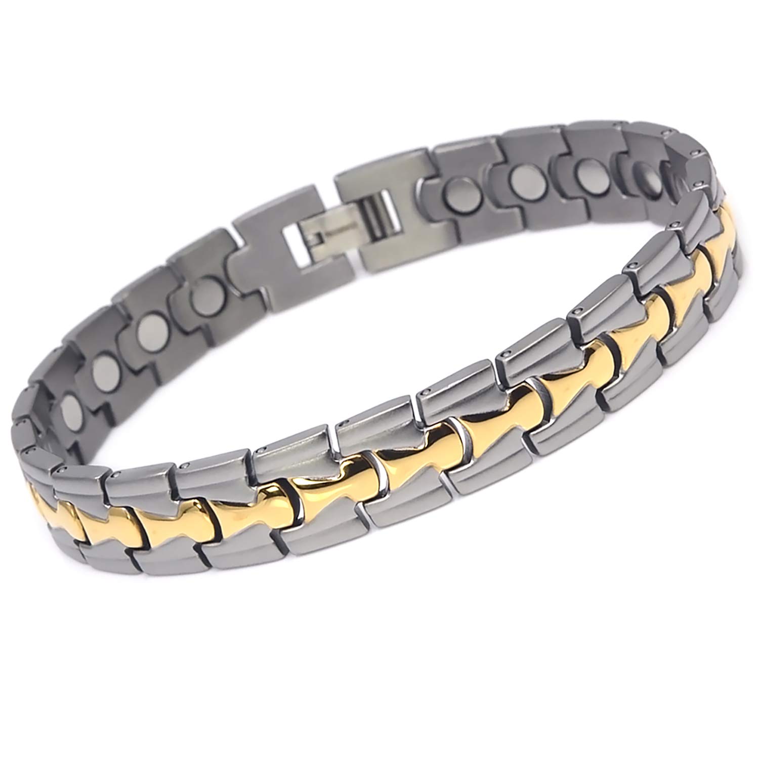 CMS MAGNETICSNovoa Men's Satin Titanium Magnetic Bracelet with Gold Accents - 12,800 Gauss #B8246-0