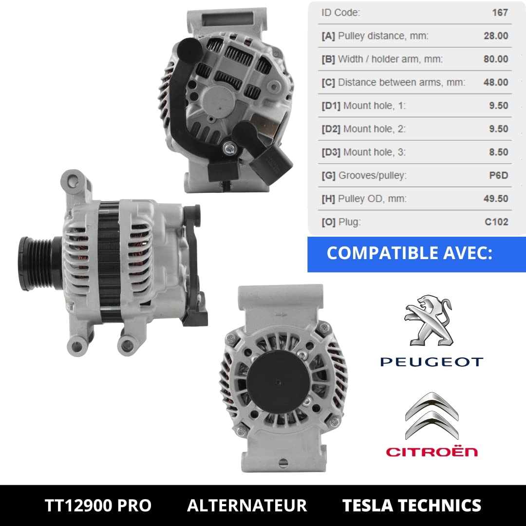 Alternateur TESLA TECHNICS TT11075 PRO 80A - Compatible Fiat, Peugeot, Citroën, Seat