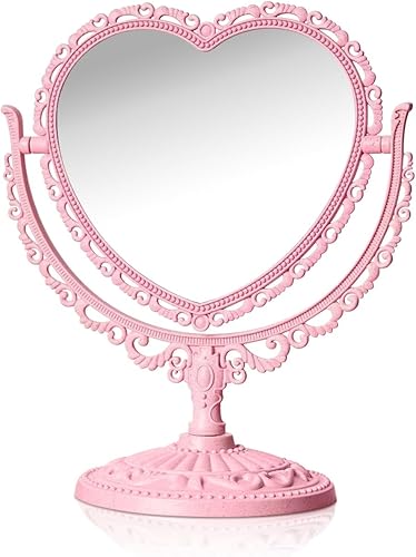 Espejo de tocador de corazón rosa, giratorio de 360 grados, para maquillaje, mesa de doble cara, soporte para encimera, tocador, baño, dormitorio,