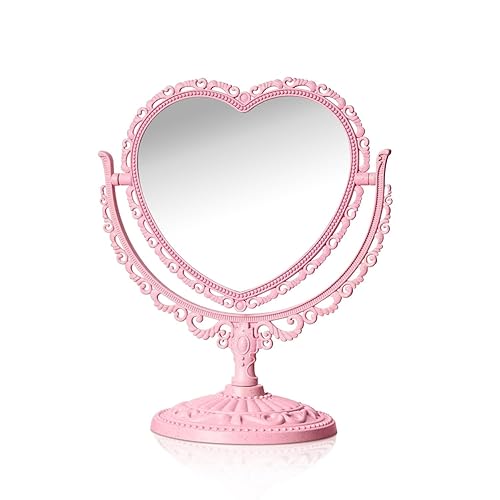 QEEYON Pink Heart Vanity Mirror - Double Sided 360 Degree Swivel - Aesthetic Makeup Cosmetic Mirror for Table Desk Countertop Dresser Coquette Bathroom Bedroom Decor