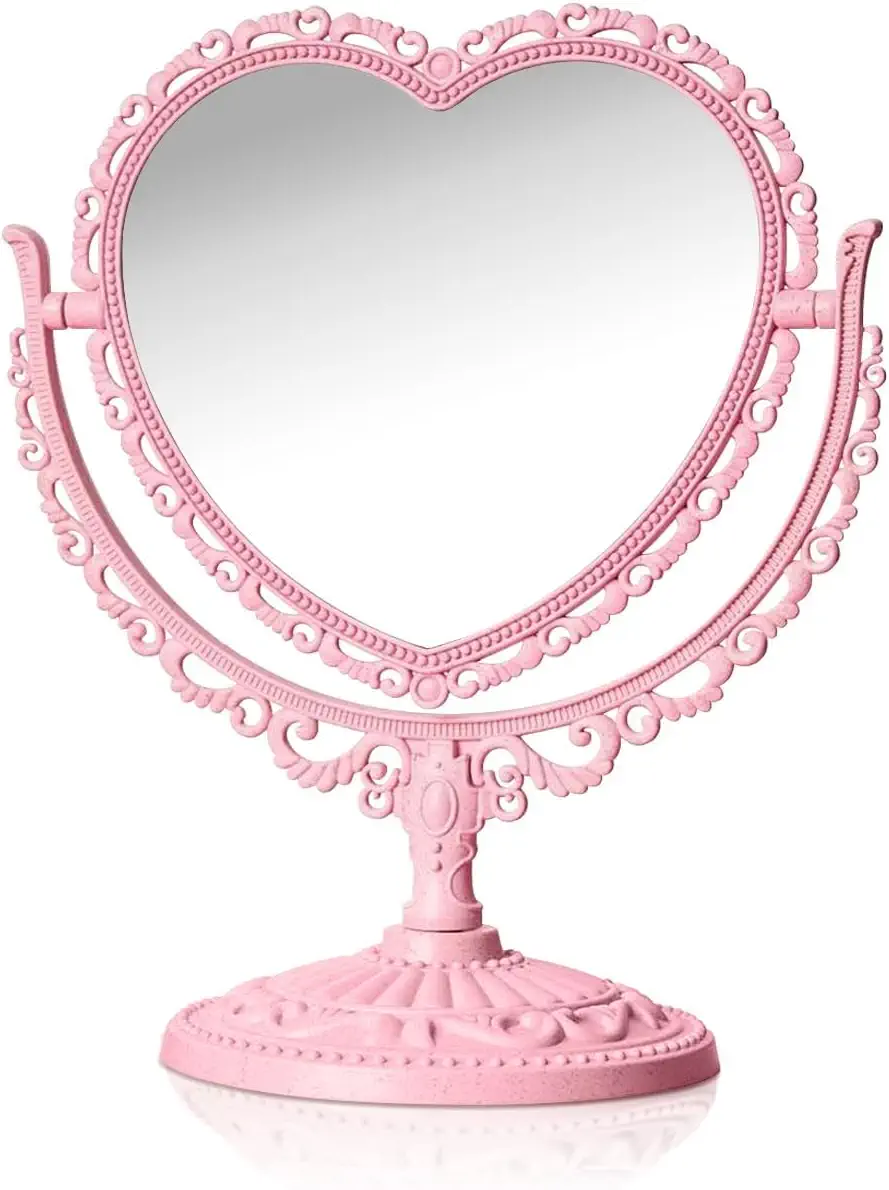 QEEYON Pink Heart Vanity Mirror 360 Degree Swivel Makeup Mirror Double Sided Table Desk Countertop Mirror Stand Cosmetic Mirror Dresser Mirror for Women Girls