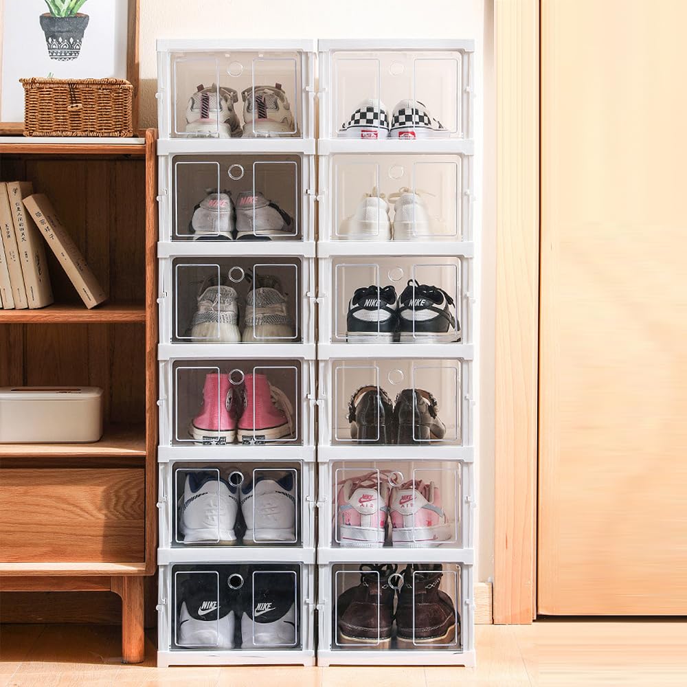 Belfoyer Shoe Storage Boxes, Foldable Clear Stackable Shoe Organiser, No Assembly Required Dustproof Cabinet for Sneakers & Sneaker Boot, Space Saving Entryway Rack,6 Tiers