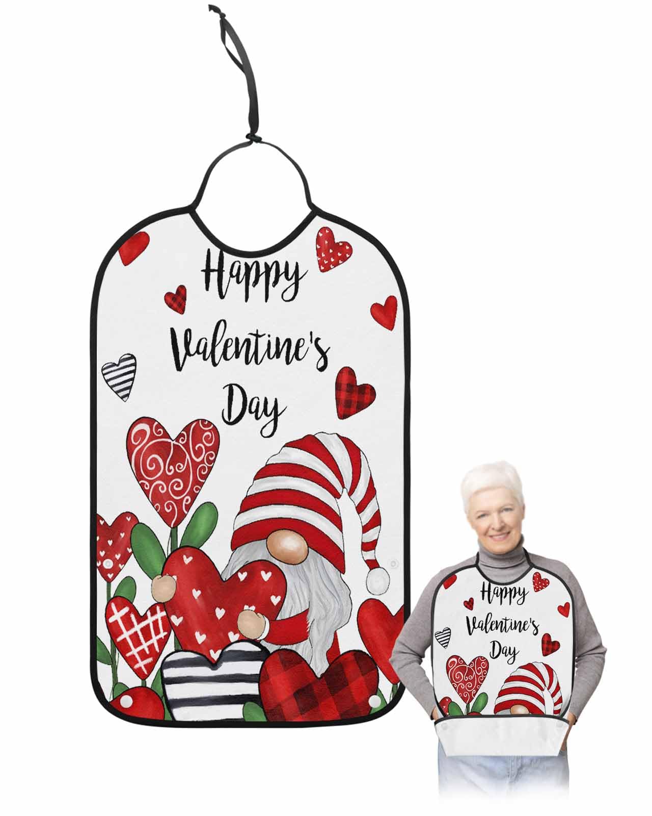 LEOKOTI Red Gnomes Valentines Adult Bibs for Eating, Waterproof Bibs with Food Catcher & Adjustable Snap Closure, Watercolor Love Heart Washable Clothing Protectors Adult Bibs for Elderly