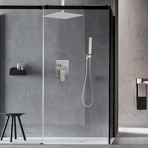 Miniatura 72 de Sistema de ducha de oro cepillado de 12 pulgadas, mezclador de lluvia de lujo, sistema de cabezal de ducha de lluvia de techo