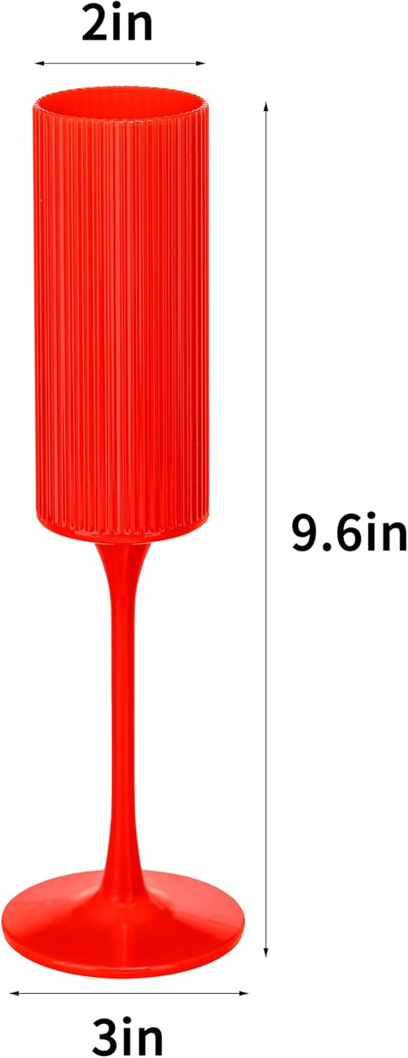 12 Pack Champagne Flutes, 6 OZ Plastic Wine Glasses - Reusable, Elegant for Wedding Reception, Birthday, Toasting, Parties - Vintage Mimosa Stemware with Long Stem, Party Bar Supplies,Vibrant Red