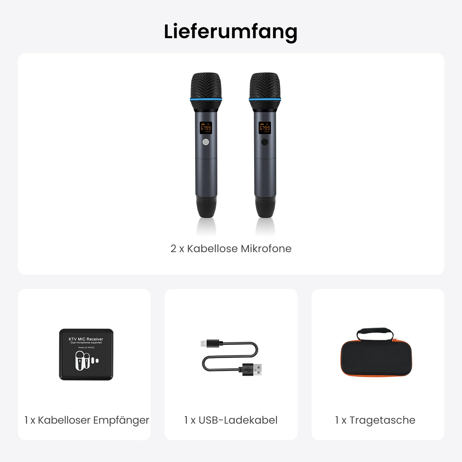 Drahtloses Mikrofon-Set, Zwei wiederaufladbare Handmikrofone mit Empfänger, 15m Reichweite, 6h Betrieb, Kompatibel mit V10-Serie Autoradios für Karaoke-Partys
