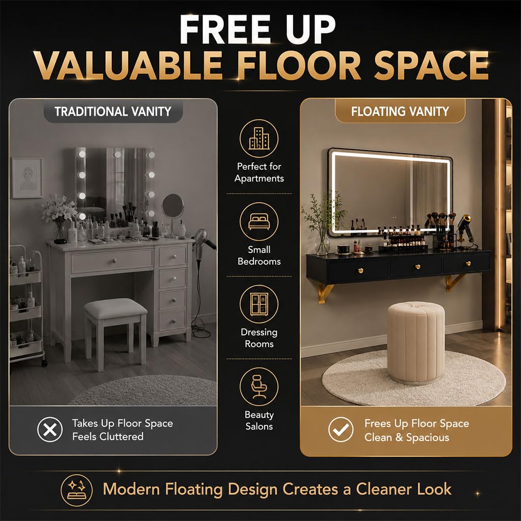 47 Wall-Mounted Floating Vanity Table Floating Shelf with Drawers & Storage Holes Multi-Purpose Makeup Station Hairdressing Desk or Study Table with Glass TopBlack product thumbnail 3