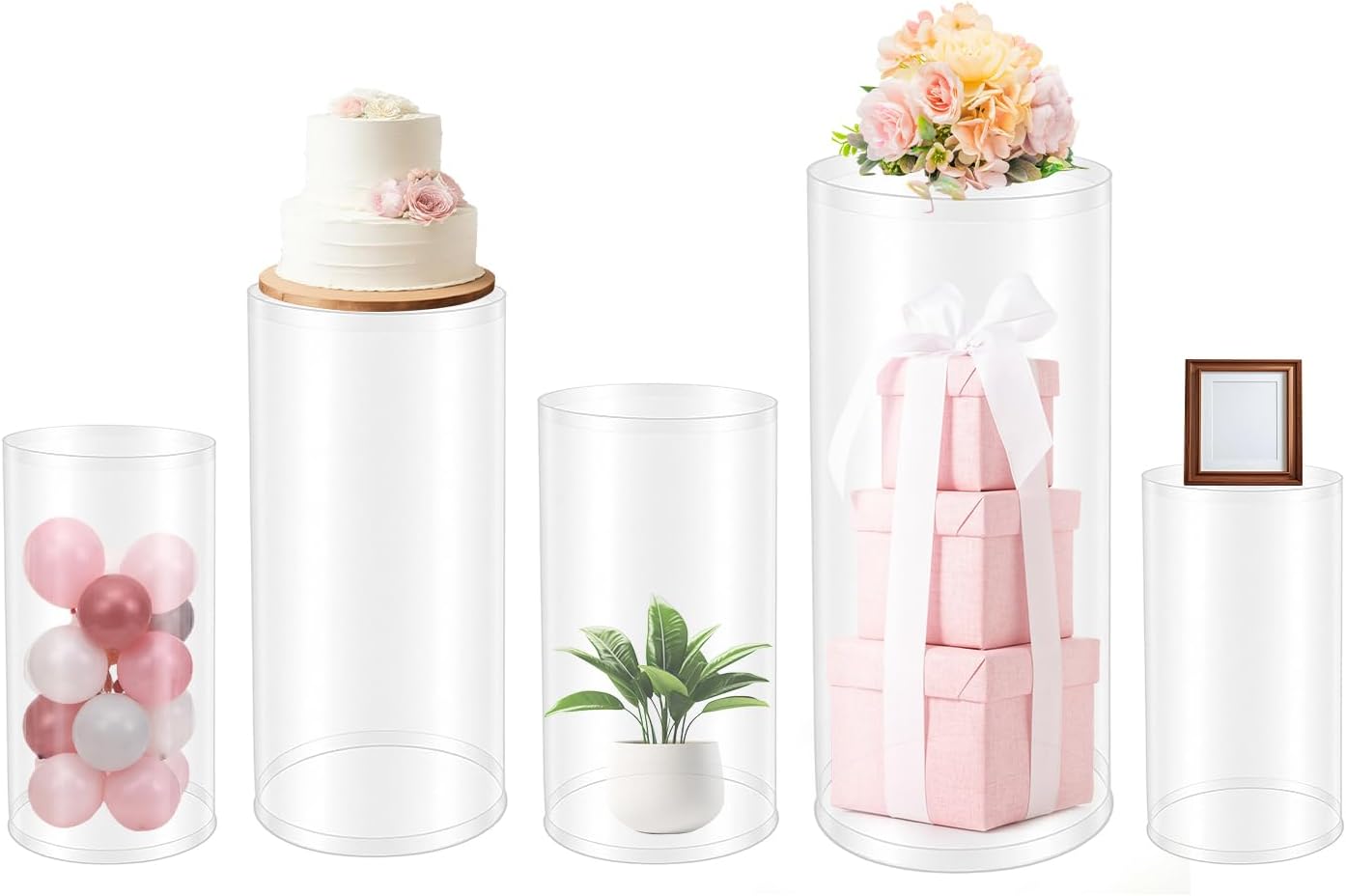 Round Cylinder Pedestal Stand, 5Pcs Clear Cylinder Stands for Party, Large Dessert Cake Table Display Pillars Hollow Structure and DIY Fun for Wedding Birthday Banquet Baby Shower Parties Decor