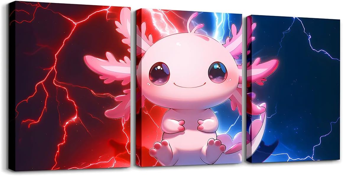 Feelyou Kids Cute Axolotl Canvas Wall Art for Living Room Bedroom Kawaii Animal Picture Wall Decor Girls Princess Wall Painting Posters and Prints Cartoon Salamander Bathroom Wall Art 12"x16"x 3Pcs