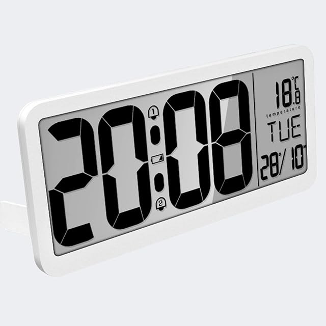 Large Digital Wall Clock Battery-MQUPIN 14'' Extra Desk LCD Wall Clock with Auto Time Set Dual Alarms Temperature Adjustable Volume Large LCD Screen Digital Wall Clock for Bedroom Desk Office(White)