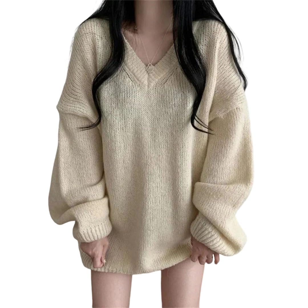 Women V-Neck Casual Knitting Sweater Long Sleeve Loose Pullovers Tops