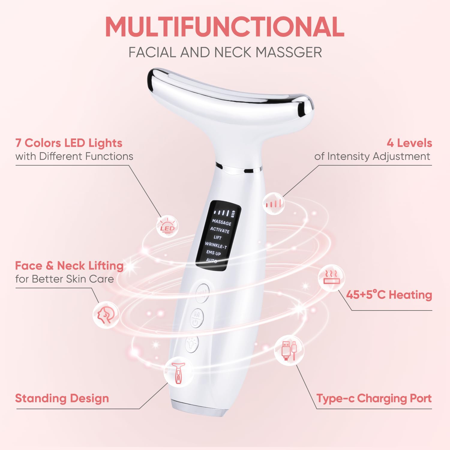 Masajeador Facial Eléctrico, Masajeador Facial Antiarrugas de 6 Modos 7 Colors LED a 45℃ EMS Lifting 4 Niveles Vibración Faciales Reductor de Papada Máquina de Belleza Para Cuello Mujer