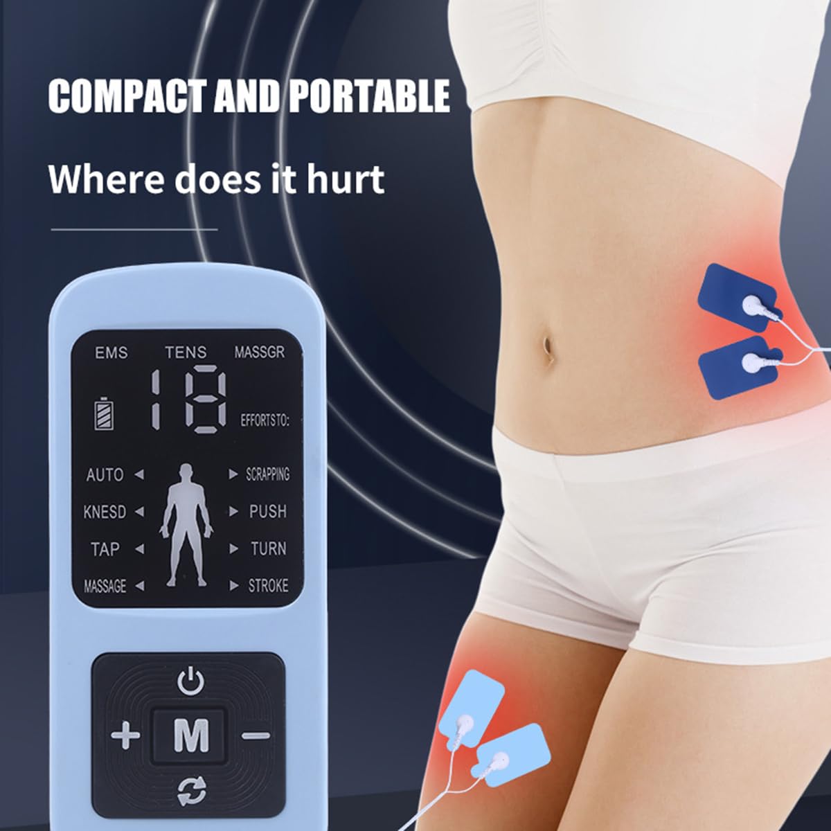 Elettrostimolatore muscolare EMS TENS Dispositivo 8 modalità dispositivo di terapia del dolore con 2 canali,Blu