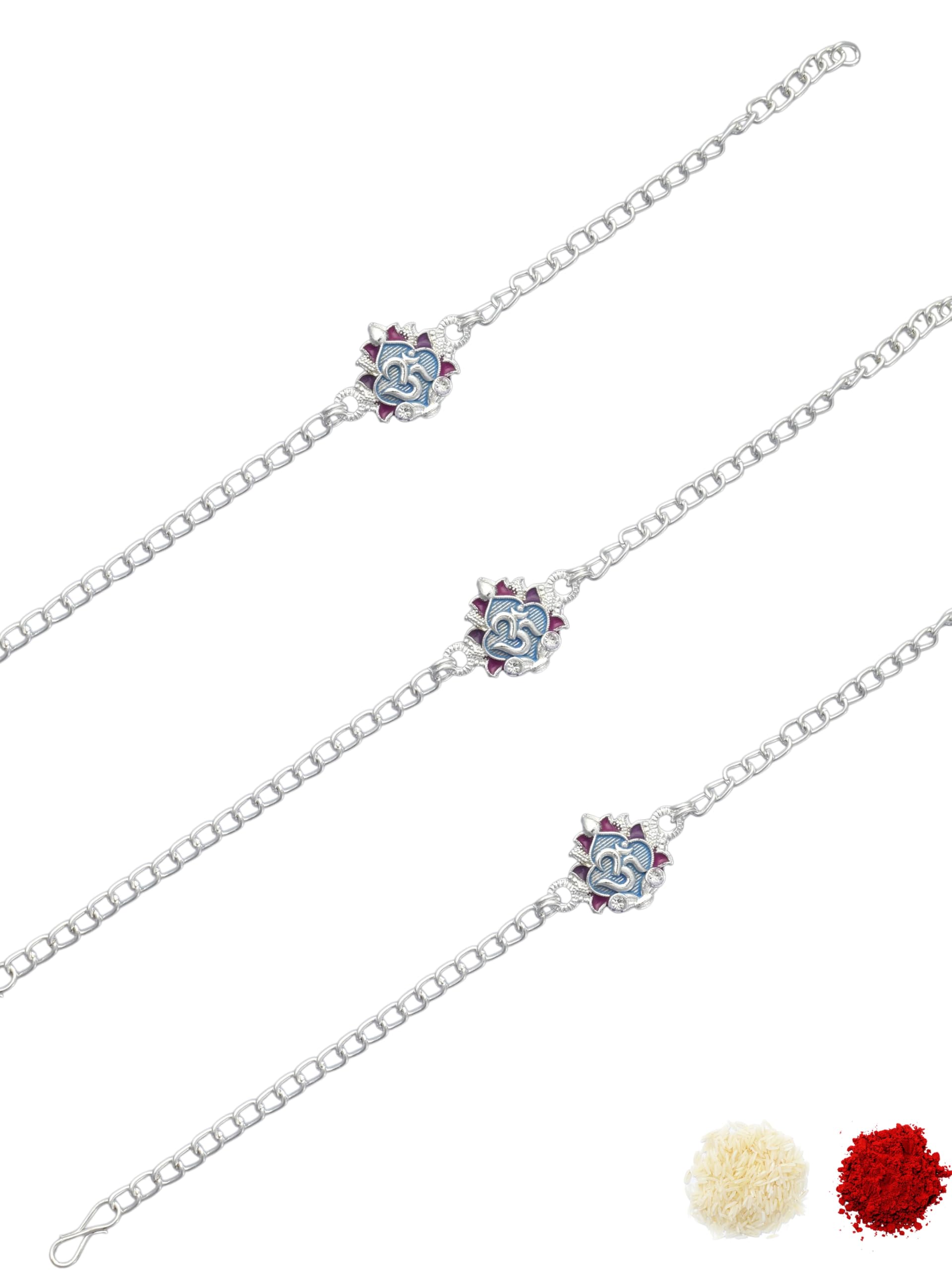 Premium Multi-coloured Minakari Finish Silver-Plated Pack of 3 Bracelet Type Chain Stylish Rakhi for Raksha Bandhan for Brother, Bhai, Bhaiya, with Roli Chawal and Greeting Card-77-image-37