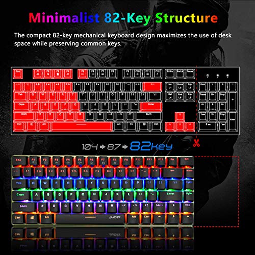 Tastiera Meccanica da Computer Gaming, USB Cablata 82 Tasti Anti-Ghosting Blue Switch Tastiera Gioco Arcobaleno Multicolore Illuminata Backlit, Mechanical Keyboard Compatta Ergonomica Nero