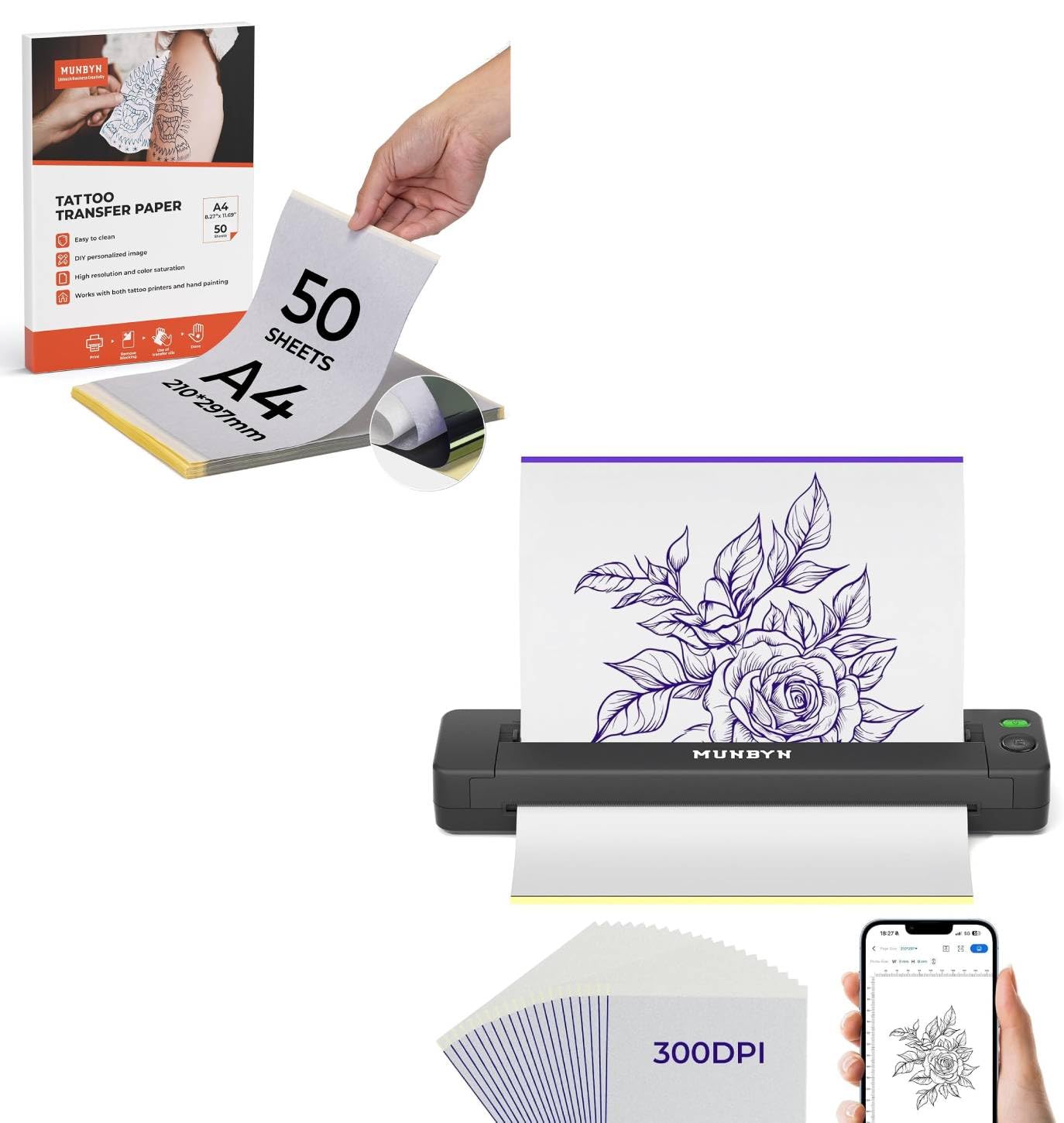MUNBYN 300DPI Impresora Térmica Inalámbrica ITP06 con 20 Pochoirs de Transferencia, Compatible con Smartphone y PC, para Artistas y Principiantes, y 50 Hojas de Papel Térmico A4