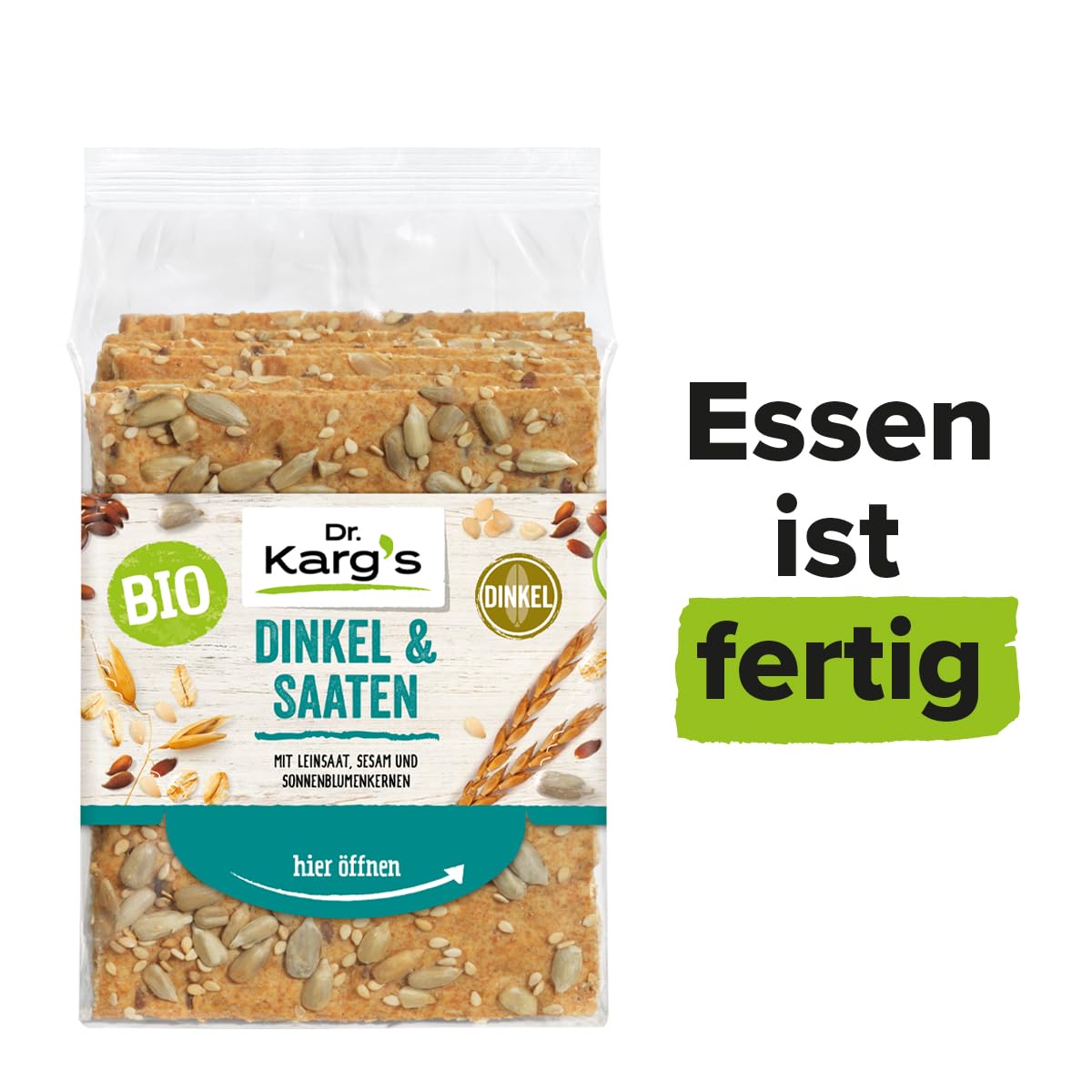 Dr. Karg’s BIO Knäckebrot Dinkel & Saaten - knusprig, vegan, mit Sonnenblumenkernen, Leinsaat & Sesam, reich an Ballaststoffen, Dinkelvollkorn & ohne Zusatzstoffe, 10x200g