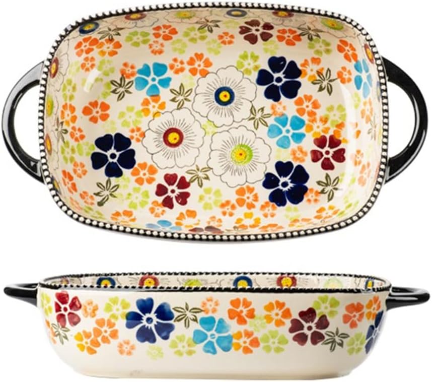 Lasagna Pans Hand-Painted Ceramic Double-Handled Baking Pan Colorful Floral Square Tableware Microwave Oven Roast Chicken for Baking Cake(Large)