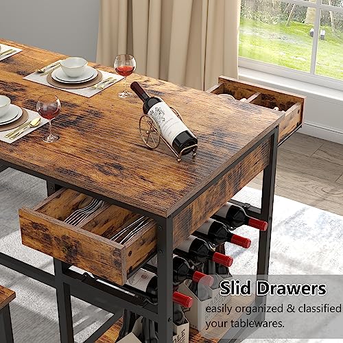 STIKELY-Dining-Table-Set-for-4-6-People-3-Pieces-Kitchen-Dinner-Table-Set-with-2-Drawers-Long-Benches-Dining-Room-Table-with-Wine-Rack-Glass-Holder-and-Storage-Shelf-for-Home-Kitchen-Use