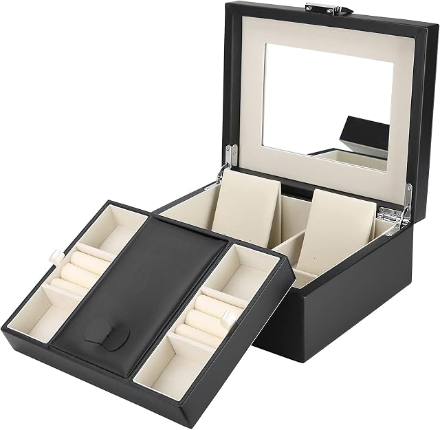 ProCase Jewellery Boxes for Women Men Girls Ladies, Large Jewelry Organiser Storage Case with Mirror, Two Layers, for Necklace Earrings Bracelets Rings Watches -Black