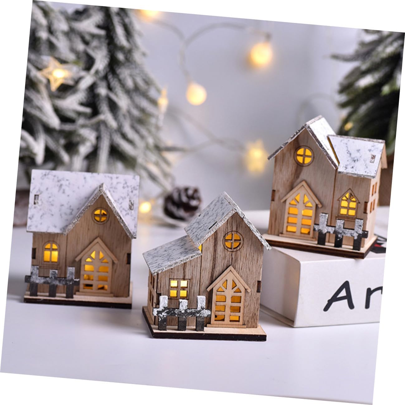 3Pcs Luminous Wood Xmas House Decor Festive Christmas Ornaments for Home Store and Restaurant and Holiday Decoration