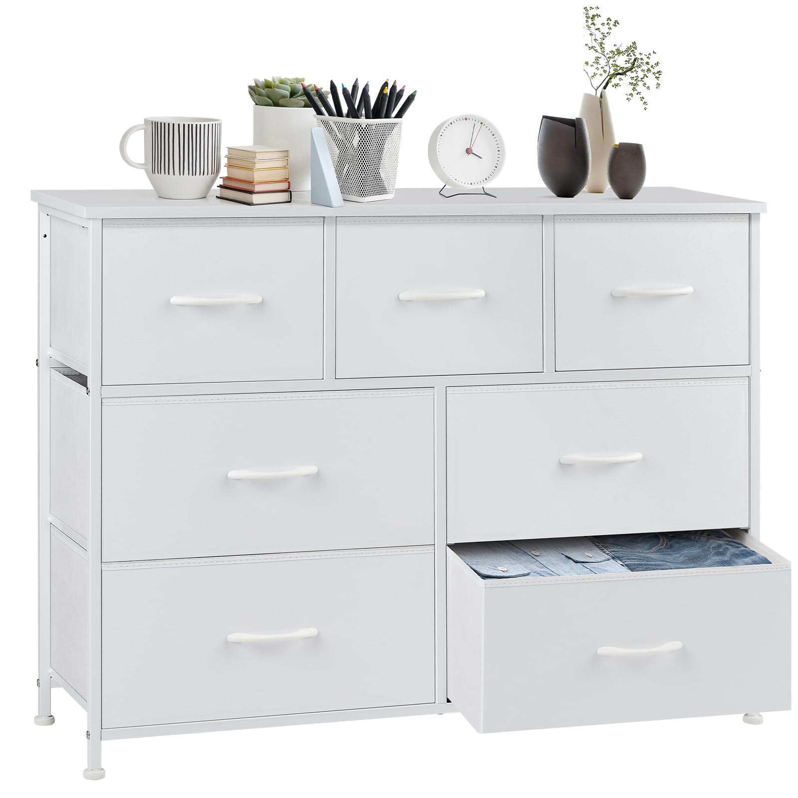 Sweetcrispy Kommode,Sideboard Wohnzimmer für Schlafzimmer mit 7 Stoffschubladen,Einstellbare Füße Schubladenschrank,Weiß