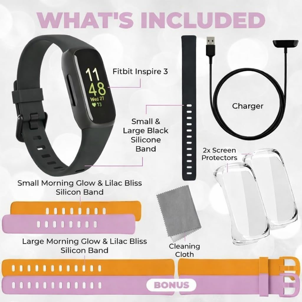 Fitbit Inspire 3 Health & Fitness Tracker Bundle - with Stress Management, Workout Intensity, Sleep Tracking, 24/7 Heart + 2 Silicone Bands, 2 Screen Protectors, Cleaning Cloth & Fast Charger