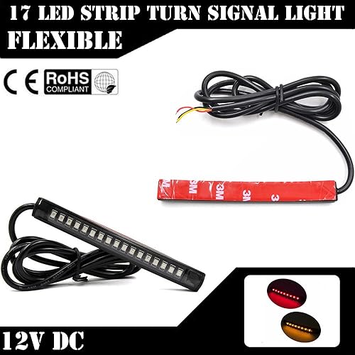 Miniatura 6 de BRAVECOW 2 tiras de luces LED universales para motocicleta con señales de giro, 17 luces LED flexibles de freno integradas (rojo ámbar)