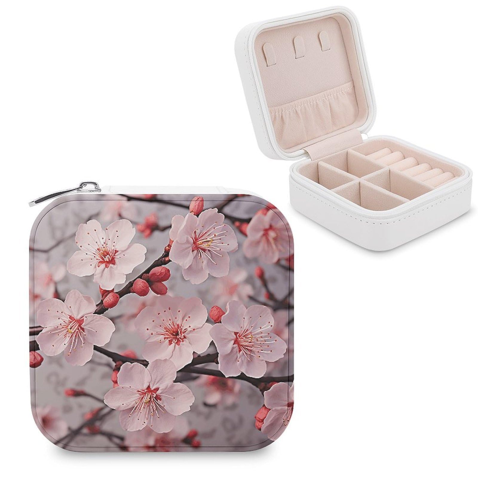 VstaDank Pink Cherry Blossoms Travel Jewelry Case Zipper Portable Small Jewelry Box Custom Pu Leather Mini Traveling Jewelry Organizer for Rings Earrings Necklace Bracelet Girls Women
