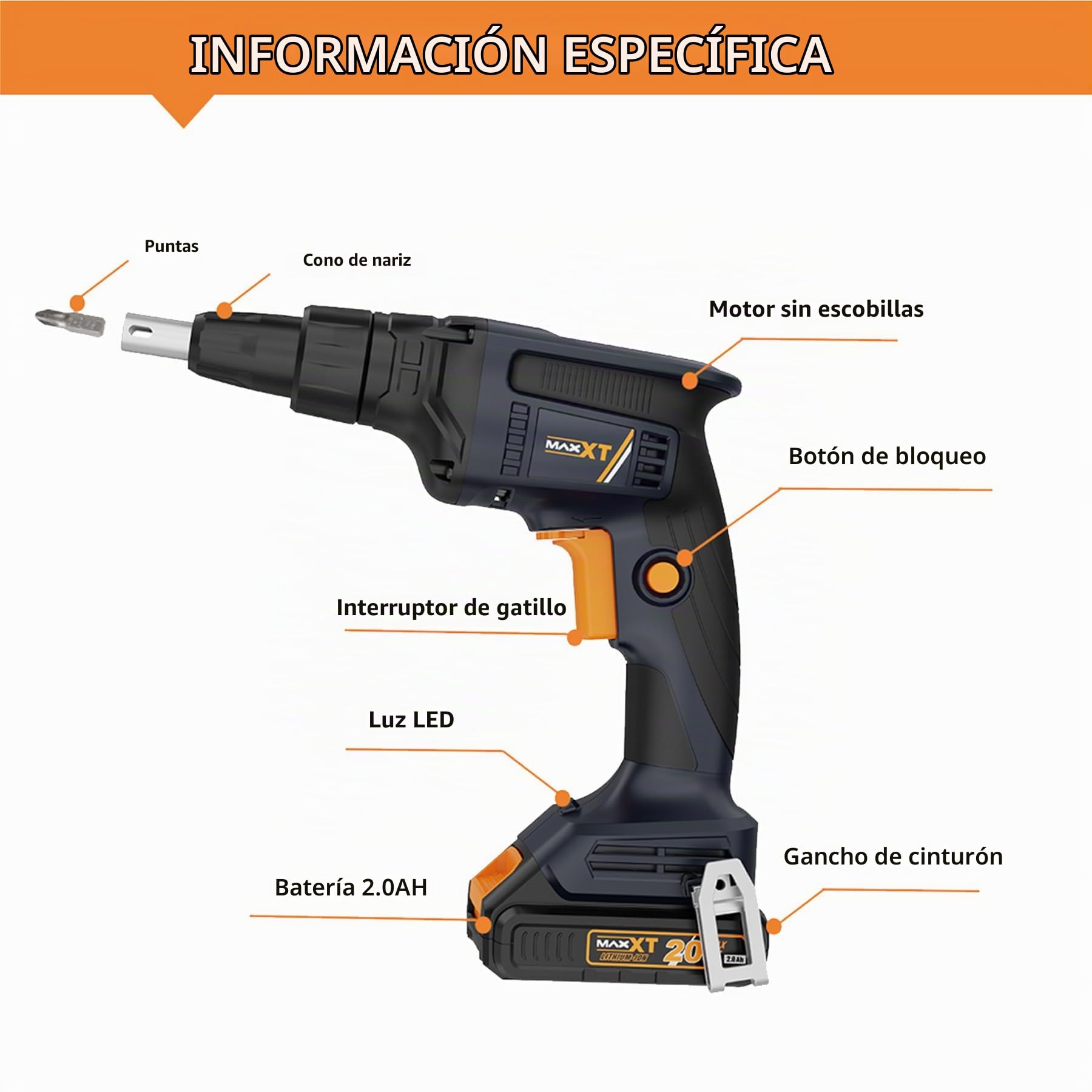Tornillo destornillador Drywall sin Escobillas inalámbrico，4200 RPM con Baterías, Cargador, Ajustable hacia Adelante y Atrás Luz LED Incorporada para
