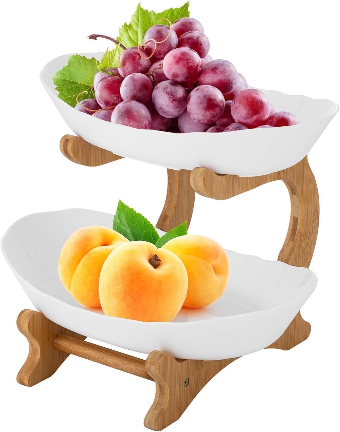 Fruit Basket Stand 2-Tier Break-resistant Plastic Fruit Bowl Holder - Plastic Fruit Plate Shatterproof 2 Tiers Fruit Bowl with Bamboo Stand, Serving Plate for Kitchen Vegetable Snacks Candy Storage
